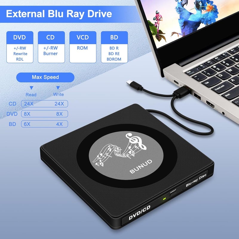 BVNUD External Blu Ray CD DVD Drive, USB Blu Ray Drive External Bluray Burner Read/Write BD Player with 2 USB and TF/SD Slots, Optical Blue Ray CD DVD Reader for Laptop Apple PC Windows 11 MacBook Pro Air - Image 4